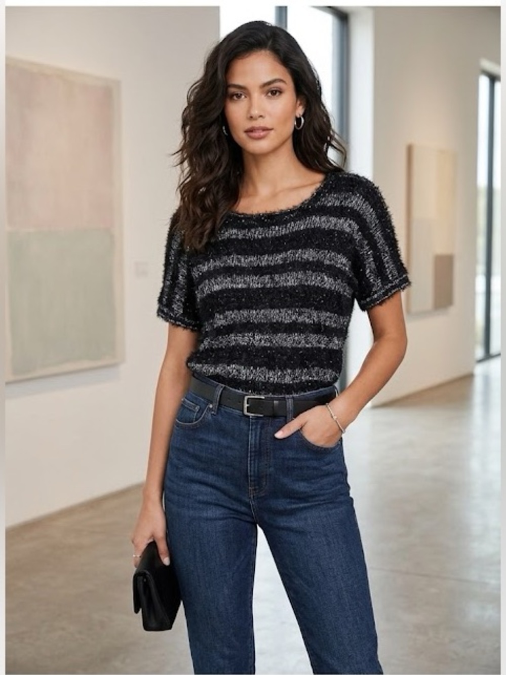 RXB Black & Silver Metallic Striped fuzzy short sleeve sweater sequins top  sz M